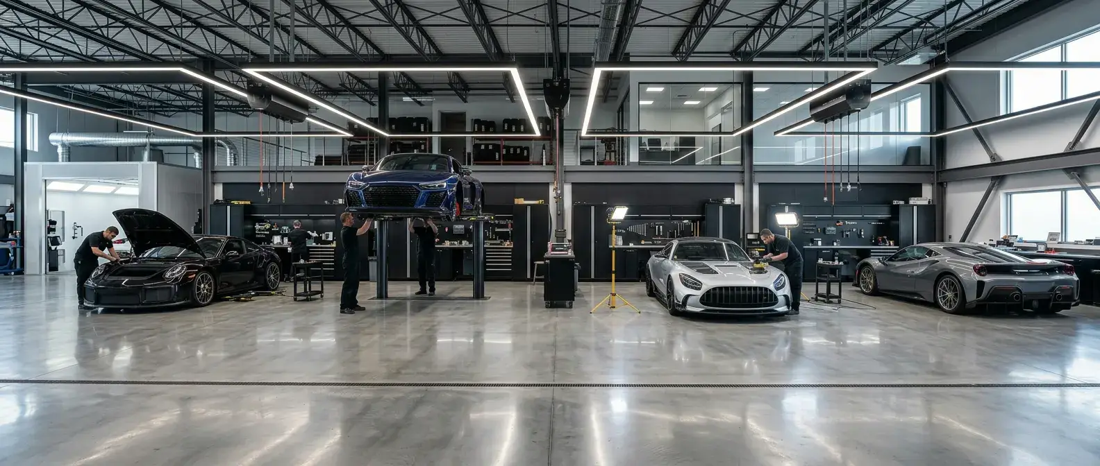 Modern luxury auto body workshop interior